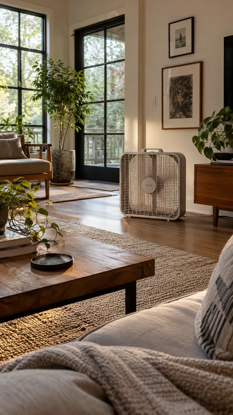 A box fan running in a sunlit living room