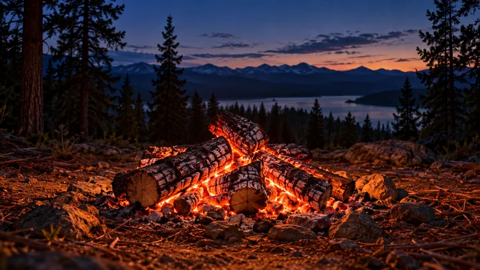 A campfire beside a lake at dusk