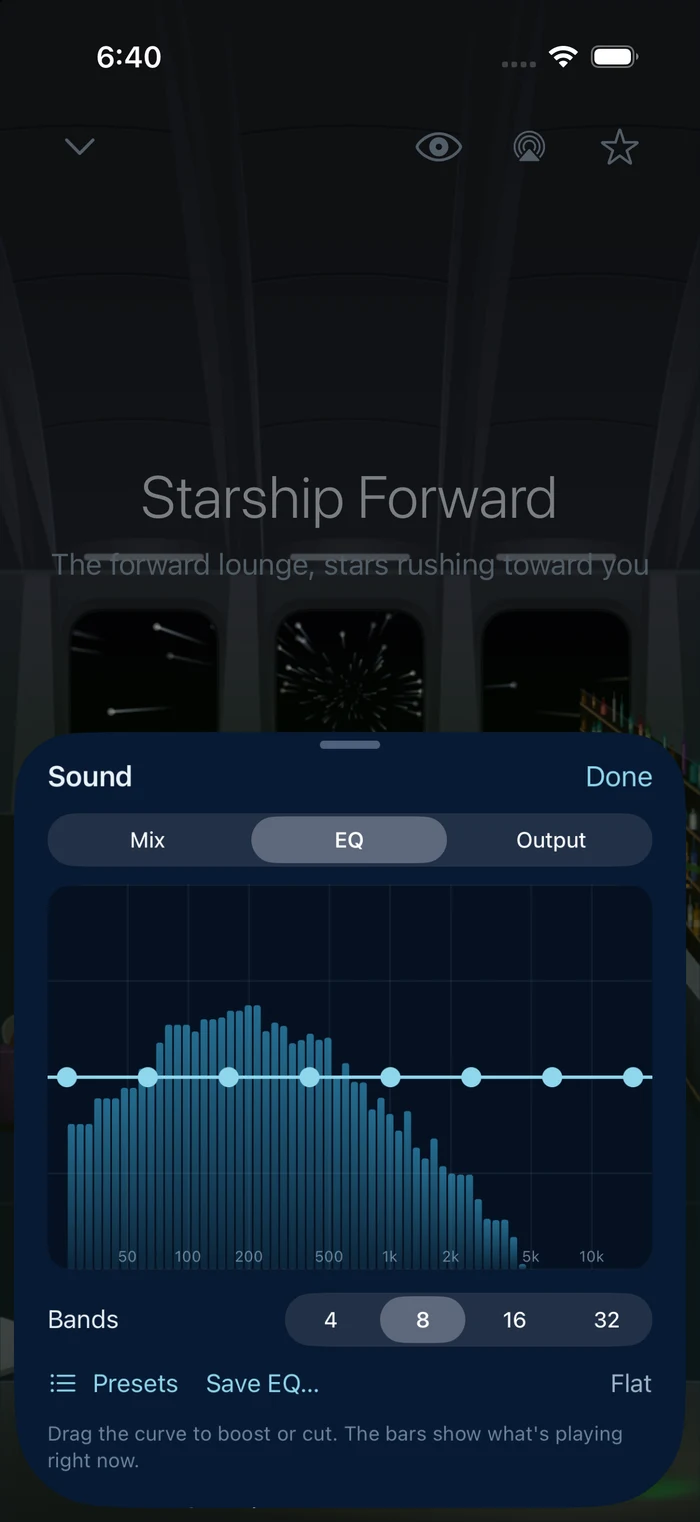 Tune the sound with a customizable equalizer and live spectrum