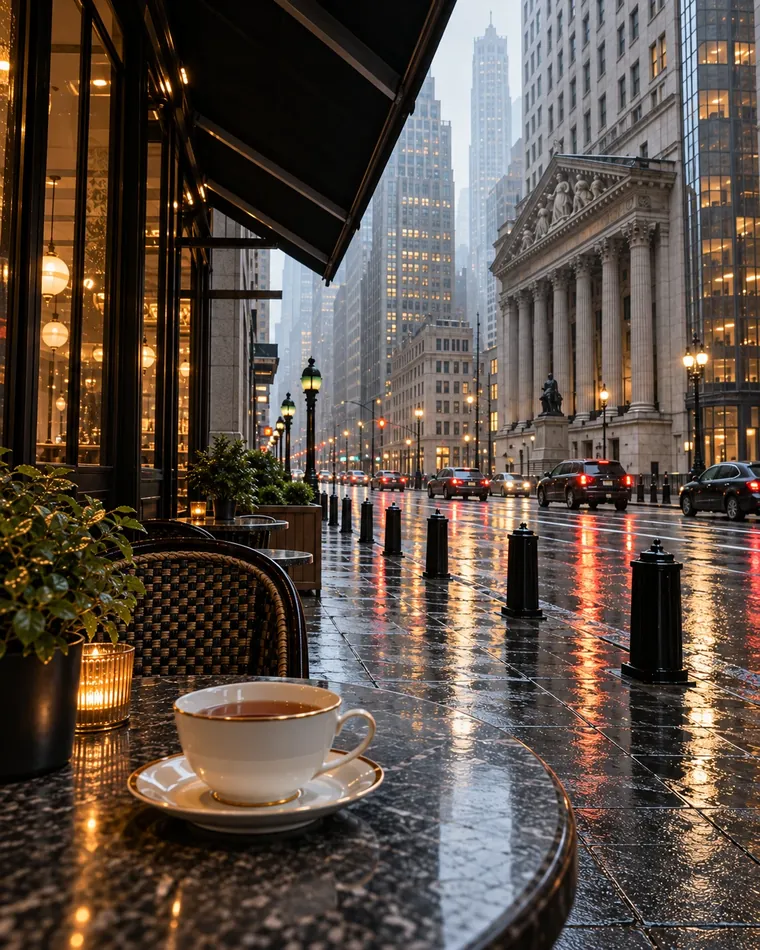Rain on a city street, seen from a café table under an awning